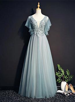 Picture of Pretty Light Green Tulle Long Party Dresses, Green Lace Low Back Prom Dresses Evening Dresses